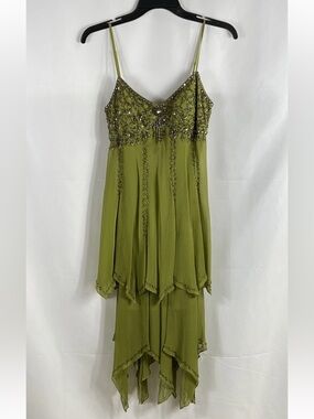 Sue Wong Olive Green Beaded Handkerchief-Hem Fairycore Slip Dress